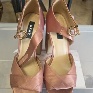 Pink satin block heel platform sandals appear to be from DKNY. size 7